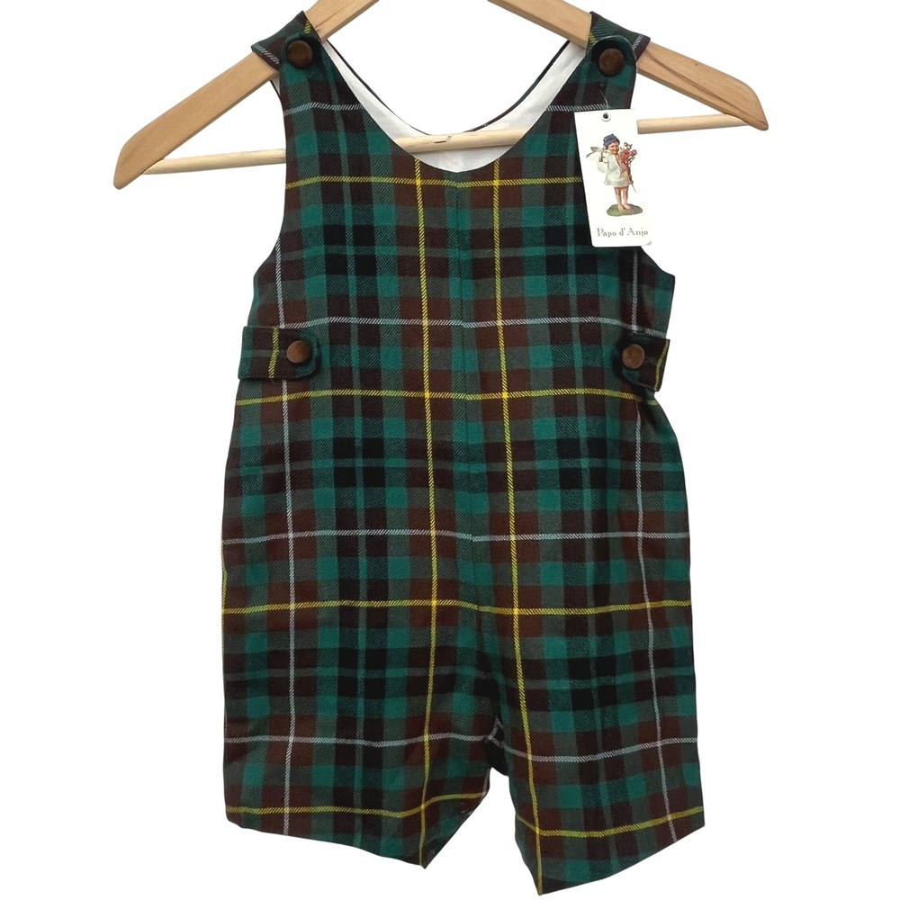 Papo D'Anjo Tartan Plaid Green Yellow Short Wool Romper Snap Crotch 4 Years NWT